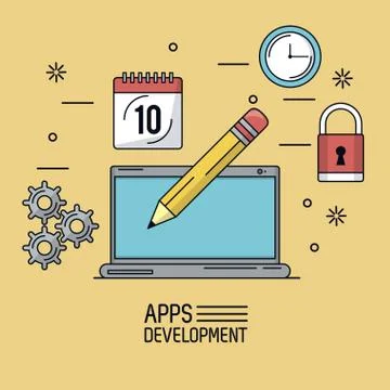 Beige background poster of apps development with laptop with pencil in screen 库存插图