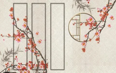 Beige background, rectangular and round frames, delicate sakura branches Stock Illustration