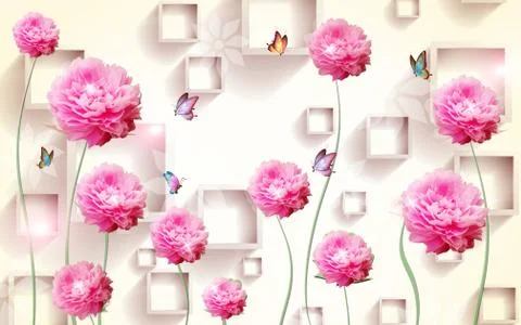 Beige background, rectangular frames, large pink peonies, flying butterflies Stock Illustration