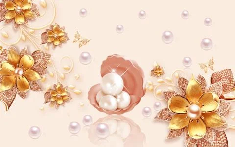 Beige background, shell with pearls, large gold jewelry ornamental flowers Stock Illustration