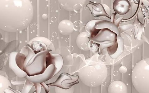 Beige background, shiny balls, soap bubbles, large ceramic flowers with crystals Stock Illustration