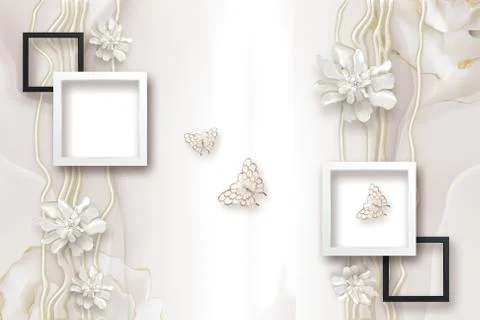 Beige background, square frames, abstract white ceramic flowers Illustrazione stock