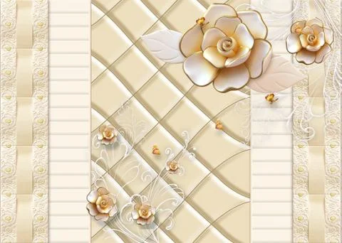 Beige background, tile and monograms, beige gilded roses and golden butterflies Stock Illustration