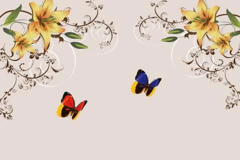 Beige background with two large bright butterflies and lilies Stock Illustration