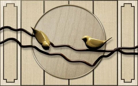 Beige background, vertical frames, circle, abstract ceramic birds Stock Illustration