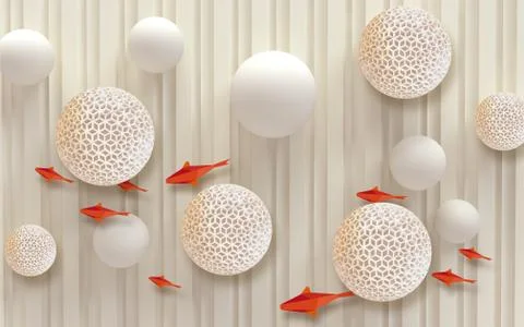Beige background, vertical stripes, balls, orange polygonal fish Stock Illustration