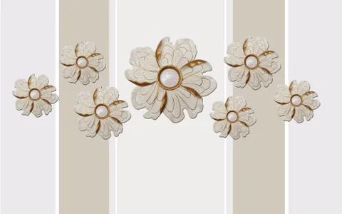 Beige background, vertical stripes, round abstract gilded flowers Stock Illustration