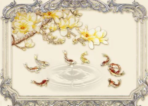 Beige background, vintage silver frame, golden branch with flowers, goldfish Stock Illustration