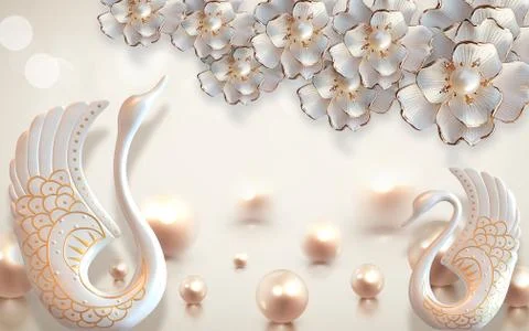 Beige background, white ceramic gilded flowers, a pair of beige ceramic swans Stock Illustration