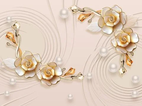 Beige background, white pearls of different sizes, large gilded flowers Stock Illustration