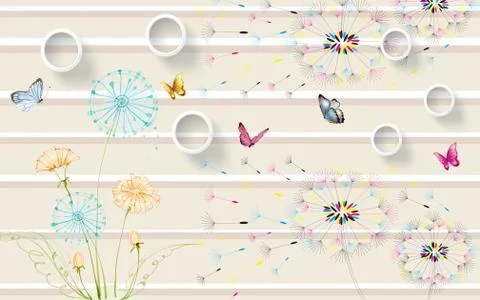 Beige background, white rings, multi-colored contours of dandelions, butterflies Stock Illustration