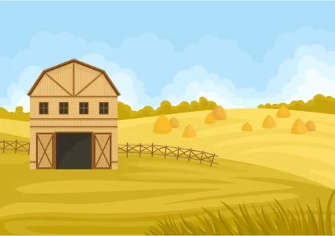 Beige barn in a field with a haystack. Vector illustration on white background. Stock Illustration