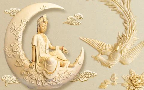 Beige bas-relief, a crescent moon with a statue and a flying peacock Stock Illustration