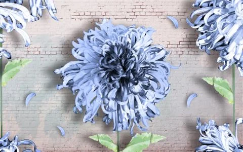 Beige brick background, large discolored cornflower blue peonies Illustrazione stock