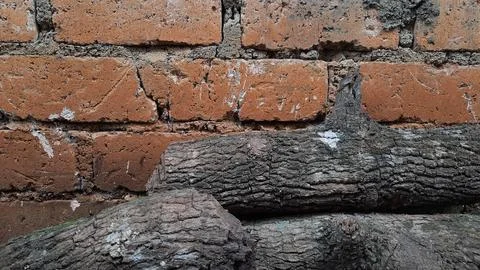 Beige brick wall background with logs underneath Stock Photos