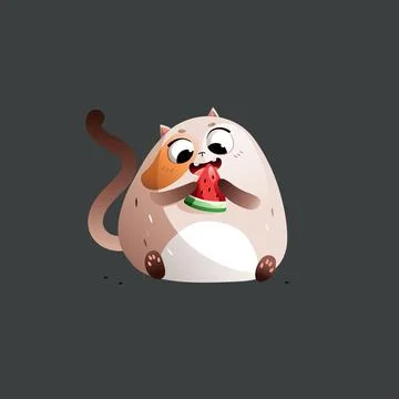 Beige Cartoon Fat Cat Eats Juicy Red Watermelon. Vector clipart.	 Stock Illustration