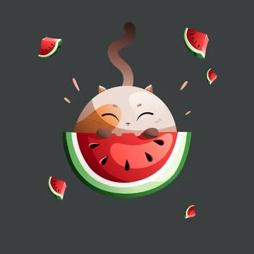 Beige Cartoon Fat Cat Eats Juicy Red Watermelon. Vector clipart.	 Stock Illustration