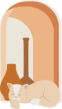 Beige cat in window aesthetic simple illustration. Domestic kitty 2d illustra Stock Illustration
