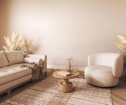 Beige color interior design with white sofa,wooden boho table and ethnic carpet Illustrazione stock
