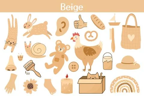 Beige color objects set. Learning colors for kids. Cute elements collection Stock Illustration