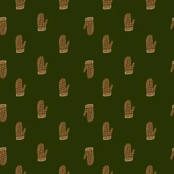 Beige colored mittens seamless pattern in doodle style. Dark olive background Stock Illustration