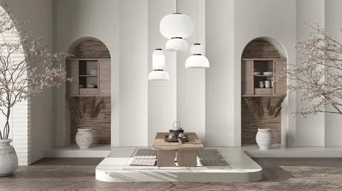 Beige concrete molded plaster wall in zen eastern dining room, wooden table,  Stock Illustration