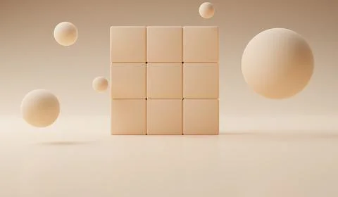 Beige cube blocks with floating spheres in a minimal background Stock Illustration