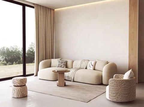 Beige curved sofa and patterned chair in japandi contemporary living room Stock Illustration