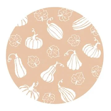 Beige decorative pattern featuring various white pumpkins and leaves on a round Stock Illustration