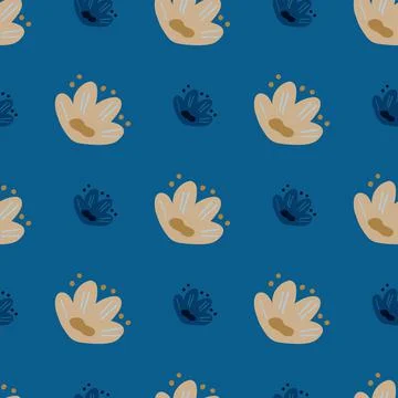 Beige doodle seamless pattern with bloom naive flowers ornament. Blue bright  Stock Illustration