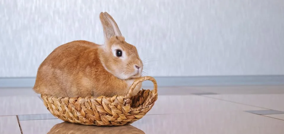 Beige Easter bunny sits in a straw woven basket and looks at the camera Stock Photos