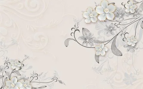 Beige embossed background, gray lilies and white gilded ceramic rose buds イラスト素材