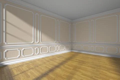 Beige empty room corner with molding and parquet wide angle Stock Illustration