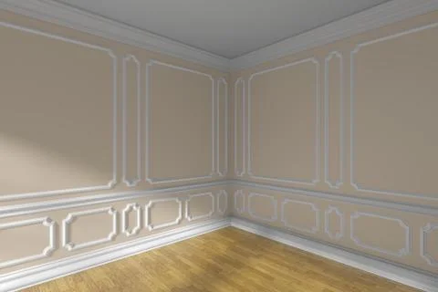 Beige empty room corner with molding and parquet closeup Stock Illustration