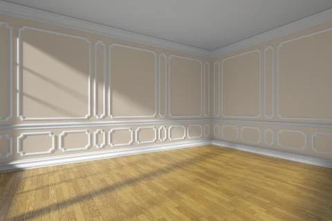 Beige empty room with molding and parquet wide angle Stock Illustration