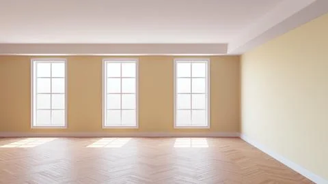 Beige Empty Room with a White Ceiling and Cornice, Glossy Herringbone Parquet Stock Illustration