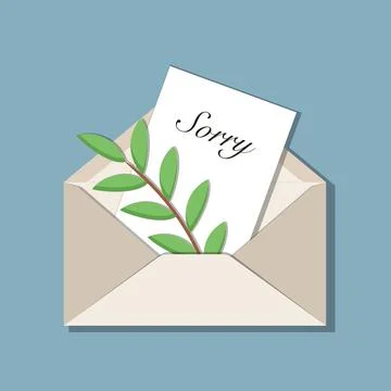 Beige envelope with message Sorry and olive branch Stock Illustration