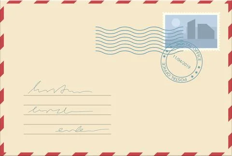A beige envelope with red and white striped borders, a stamp, postmark and .. Stock Illustration