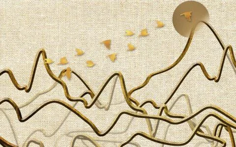 Beige fabric background, abstract translucent waves, golden birds, a dark moon Stock Illustration