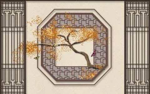 Beige fabric background, brown frames, abstract tree with leaves of blurry spots Stock Illustration