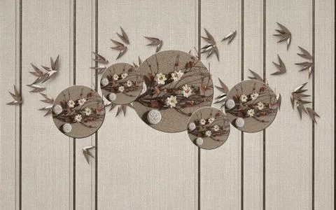 Beige fabric background, dry branches with white flowers, white balls of thread Stock Illustration