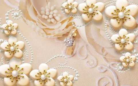 Beige fabric background, large abstract beige flowers with pearls and gold Stock Illustration