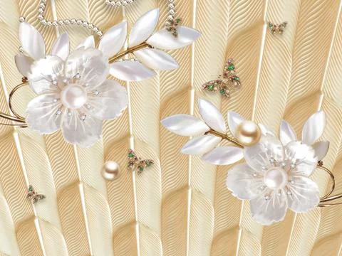 Beige fabric background, large white gold-plated flowers, butterflies Stock Illustration