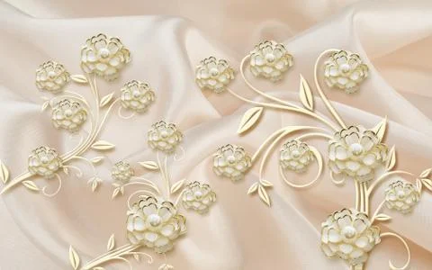 Beige fabric background white ceramic gilded flowers with pearls Stock Illustration