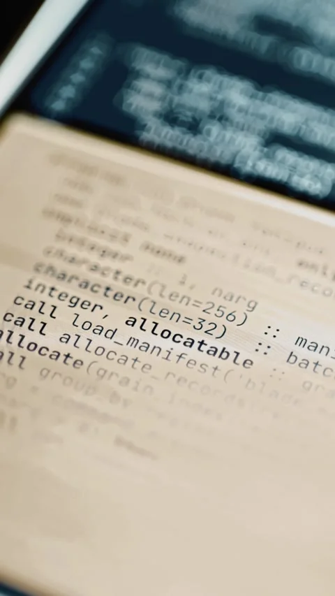 Beige Fortran allocation listing beneath blurred dark code Video stock 348069666