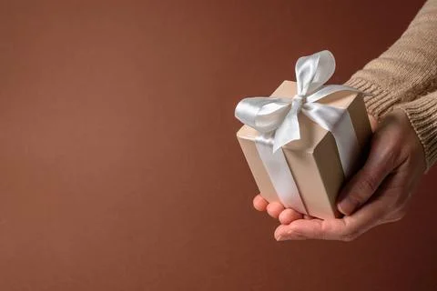 Beige gift box in hands Stock Photos