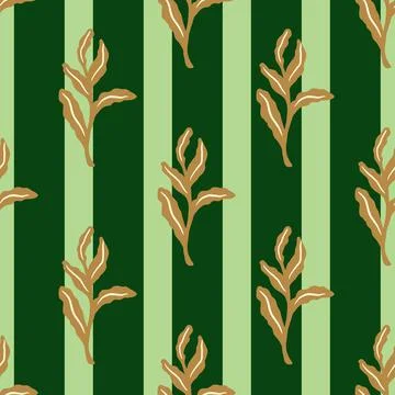 Beige hand drawn leaf branches seamless doodle pattern. Green striped backgro Illustrazione stock