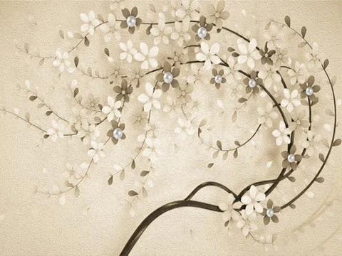 Beige illustration, thin curved tree with flowers, pearls on dark flowers Stock Illustration