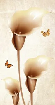 Beige illustration, three large calla, two butterflies Stock Illustration