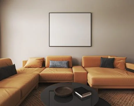 Beige interior design with light orange sofa, black table and decor in modern Stock-Illustration